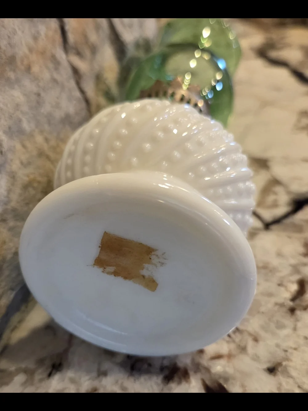 Vintage White Hobnail Milk Glass Mini Oil Lamp w/Fluted Green Glass Chimney